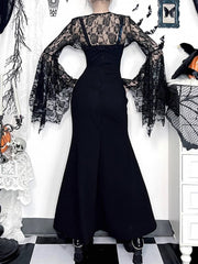 Halloween Gothic Black Slip Mermaid Dress with Metallic Satin & Crisscross Lacing