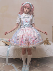 Blue Puppy Embroidery Sweet Lolita Dress Bunny and Bear Print JSK