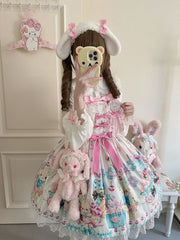 Teddy and Ice Cream Print White Sweet Lolita Jumper Skirt