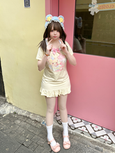 Adorable Teddy Bear Print Bowknot Embellished Pink/Yellow Ruffled Neckline Mini Dress