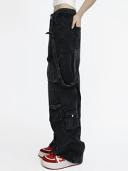 Vintage Distressed Jeans with Multiple Cargo Pockets and Denim Strap Design