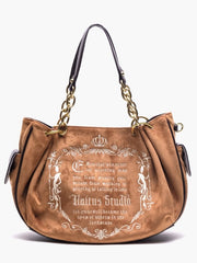 Vintage Brown Gothic Lettering Embroidered Tote Bag with Large Capacity