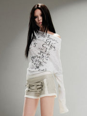 White Vintage Punk Off-Shoulder Totem Print Knit Top with Drop Shoulder Sleeves