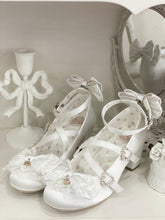 White Sweet Lolita Beaded Decorated Bowknot Details High Block Heels Mary Janes