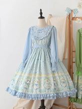 Kitty and Floral Print Blue Sweet Lolita Long Sleeves Dress