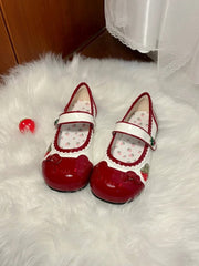 Sweet Strawberry Themed Red Lolita Indoor Slippers with Scalloped Hem & Bow Accents