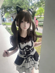 Black and White Polka Dot Elegant Halter Neck Dress / Black Peter Pan Collar Semi-Sheer Tulle Blouse