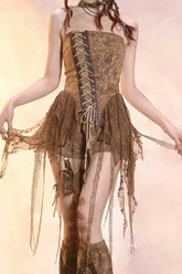 Y2K Retro Vintage Distressed Asymmetrical Denim Bustier Top – Summer Essential in Desert Dunes