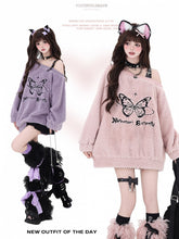 Sweet Butterfly Design Pink Asymmetrical Neckline Cozy Sweatshirt PU Shoulder Strap