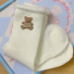 Winter Daily Kawaii White Cuffed Socks with Bear Decor