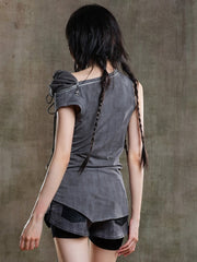 Dark Gray Punk Asymmetrical Drawstring Vest with Zipper Neckline & Cross Charms
