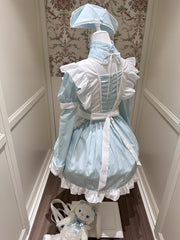 Yami Kawaii Light Blue Stripes Maid Apron Dress Faux Two-Piece with Detachable Sleeves and Nurse Hat