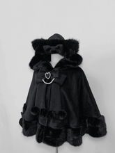 Jirai Kei Black Wool Plush Cape Coat with Kitty-Ears Hood - Fall/Winter Essential