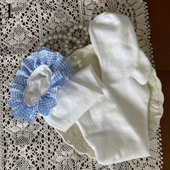 White Overknee Stockings with Blue and White Plaided Ruffle Trim/Plush Rabbit Leg Loop