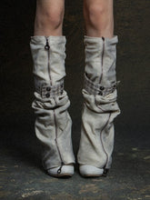 Light Gray Punk Leg Warmers with Vertical Zipper & Plaid Button Strap