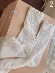 White/Beige Hollow-out Calf Socks With Star And Polka-dot Pattern