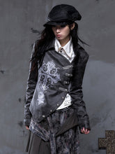 Vintage Street Punk Dark Gray-Brown Jacket with Cross Print & Asymmetrical Button Placket