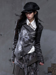 Vintage Street Punk Dark Gray-Brown Jacket with Cross Print & Asymmetrical Button Placket