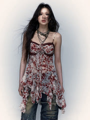 Red Floral Print Punk Y2K Slip Dress with Lace Trim and Handkerchief Hem