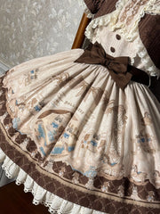 Brown Ruffle Round Neck Kitty and Teddy Print Lolita Dress Sweet Lolita OP