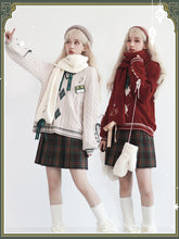 White/Red Preppy V-Neck Sweater with Diamond Pattern and Candy Embroidery