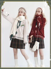 White/Red Preppy V-Neck Sweater with Diamond Pattern and Candy Embroidery