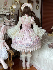 Pink Cat Print Flutter Sleeves Sweet Lolita JSK Dress with Lace Trim and Bow Accents