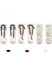 White Lace Trim Lolita Calf Socks with White/Red/Black Bowknots