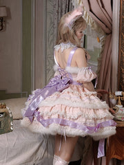 Curve-Friendly Fit Pink & Purple Sweet Princess Lolita Dress with Fluffy Trim and Ribbon Bows