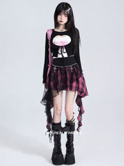 Black & Pink Plaid Skirt with Mesh Overlay & Cascading Ruffles Music Festival Outfits