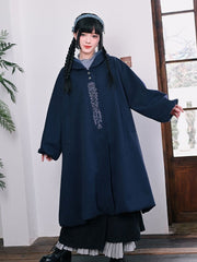 Blue Gothic Cheongsam Puff Sleeve Hooded Long Coat with Jellyfish Embroidery & Bubble Hem