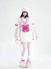 White Sweater with Rose Pink Big Bow & Lace-up Details Sleeves