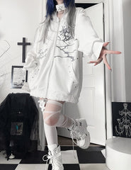 White Cat Ear Zip-up Studded Hoodie Jacketwith Gray Heart&Letter Print