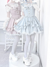 Pure & Polished Jirai Kei Full Set: Light Blue Jumper Skirt with Intricate Beadwork, Lace Top & Sleeves