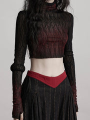 Urban Goth Black & Red Gradient Lace Knitted Long-Sleeve Top Short Version