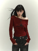 Wine Red Asymmetrical Neckline Spider Print Glamorous Slim-fitting Top