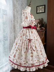 Strawberry Print Pink House Fashion Beige Short Sleeves Lolita Dress