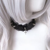 White/Black Wings & Cross Accents Lace Studded Choker