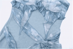 Halter Neck Blue Rosette Tie-dye Dress Ruffle Trim