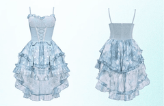 Lace-up Detail Ruffle Trim Blue Slip Dress High-low Skirt