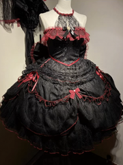 Black & Red Ruffled Layers Gothic Lolita Dress with Lace Trim and Bow Accents Soft & Curve-Friendly Styles