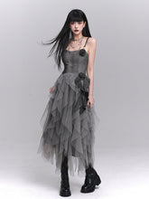 Gothic Gray Tulle Slip Dress with Rose Accents & Cascading Ruffles