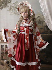 Beige Bear Print Crossover Design Top + Red Lace Trimmed JSK Dress Wa Lolita Set