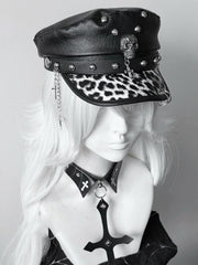 Y2K Gyaru Fashion Leopard PU Cross Charm Punk Studded Hat