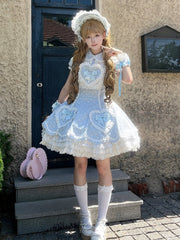 Blue & White Heart Polka Dot Sweetheart Applique Sweet Lolita Dress with Bow Accents