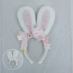 White / Pink Cute Bow and Donut Decorated Lolita Plush Bunny Ear KC