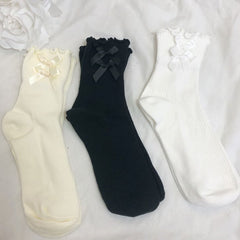 White/Black/Creamy Yellow Bow Decoration Ruffled Cotton Socks