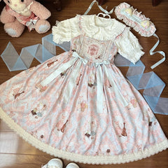 Bunny and Violin Print Blue High Waist Sweet Lolita Jumper Skirt