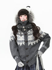 Navy Blue/Grey Daily Kawaii Cardigan with Toggle Button Closure & Jacquard Pattern