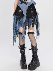 Y2K Black & Blue/ Black & White Handkerchief Hem Mesh Patchwork Plaid Skirt